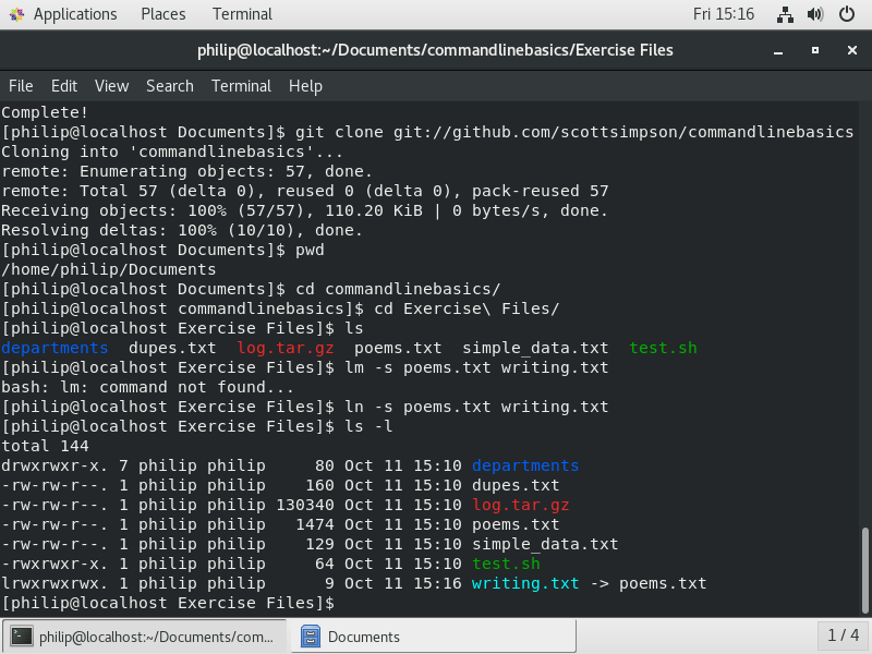 Figure 9 - a long version of a directory listing of the Exercise Files folder showing the symbolic link we created